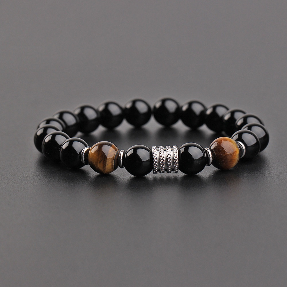 Vòng Tay Chuỗi Hạt Đá Mắt Hổ Bằng Thép Không Gỉ Màu Đen Thời Trang Cho Nam