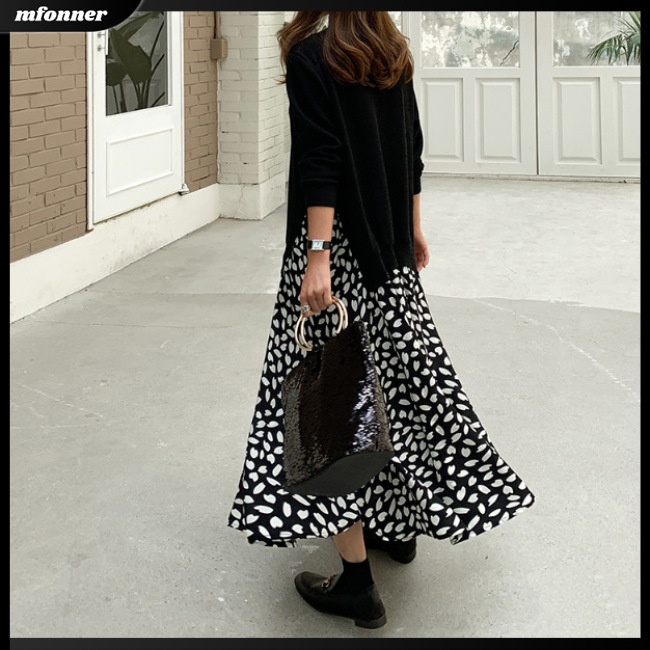 Đầm Thun Dài Tay Cổ Tròn Dáng Chữ A In Họa Tiết Thời Trang Cho Nữ