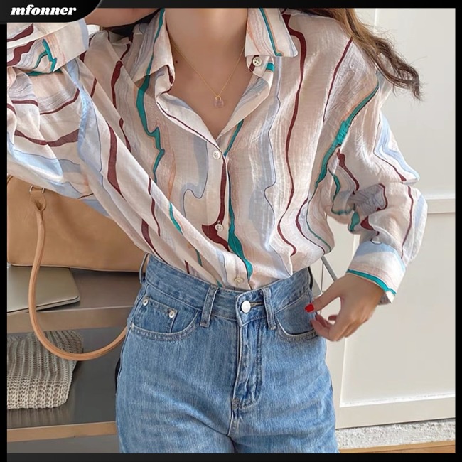 Áo Sơ Mi Tay Dài Dáng Rộng Họa Tiết Kẻ Sọc Màu Sắc Tương Phản Thời Trang Mùa Hè Cho Nữ