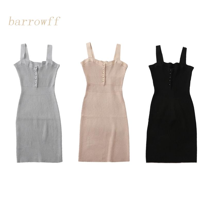 Đầm Mini Hai Dây Dệt Kim Ôm Dáng Màu Trơn Cài Nút Thời Trang Mùa Hè Xinh Xắn Cho Nữ