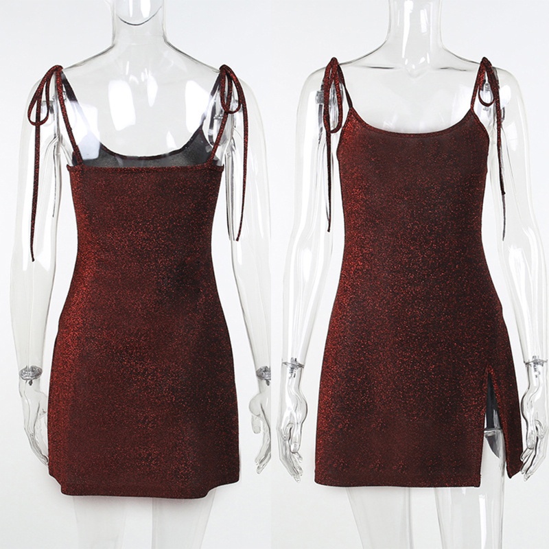 Brroa Đầm Ôm Hai Dây Màu Đỏ Đậm Đính Kim Tuyến Lấp Lánh Xẻ Tà Bên Hông Phong Cách Harajuku Gợi Cảm Cho Nữ