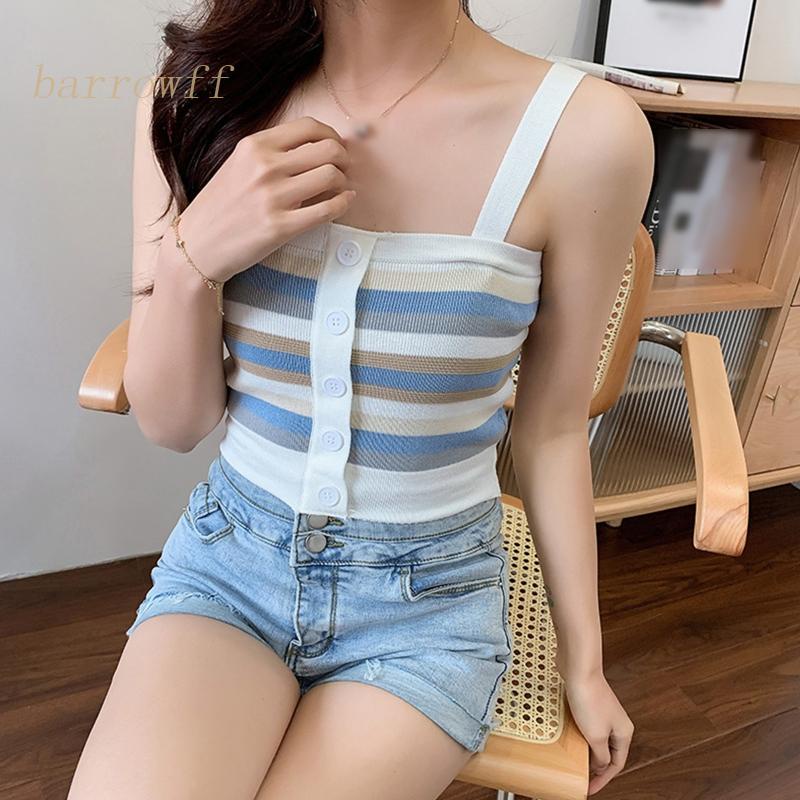 Áo Croptop Dệt Kim Sát Nách Kẻ Sọc Ngang Màu Sắc Tương Phản Thời Trang Cho Nữ