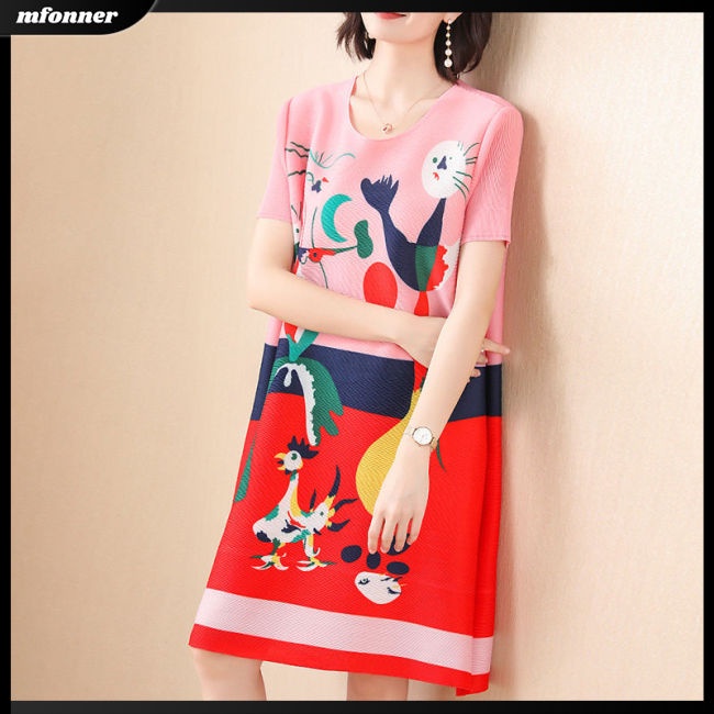 Đầm Midi Ngắn Tay Cổ Tròn Dáng Rộng In Màu Khối Thời Trang Cho Nữ