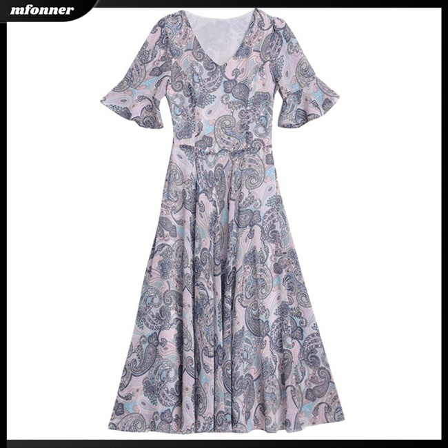 Đầm Midi Tay Ngắn Cổ Chữ V Vải Lụa Lạnh In Hoa Eo Thun Thời Trang Mùa Hè Cho Bạn Gái