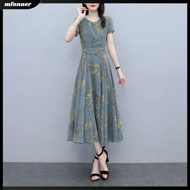 Đầm Dài Tay Ngắn Cổ Tròn Nhấn Eo in Họa Tiết Hoa Cổ Điển Plus Size Cho Nữ