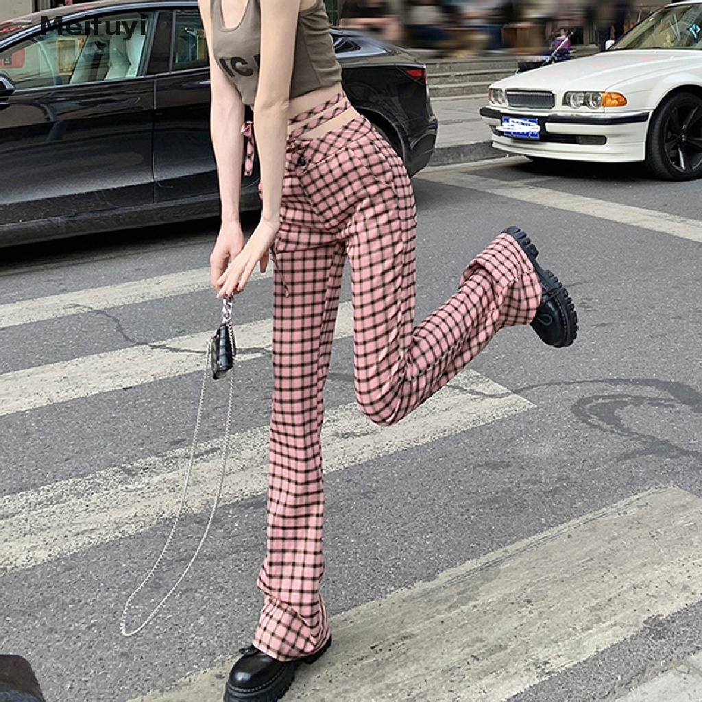 [Meifuyi] Quần Kẻ Sọc Màu Hồng Eo Cao Thời Trang Hè Cho Nữ