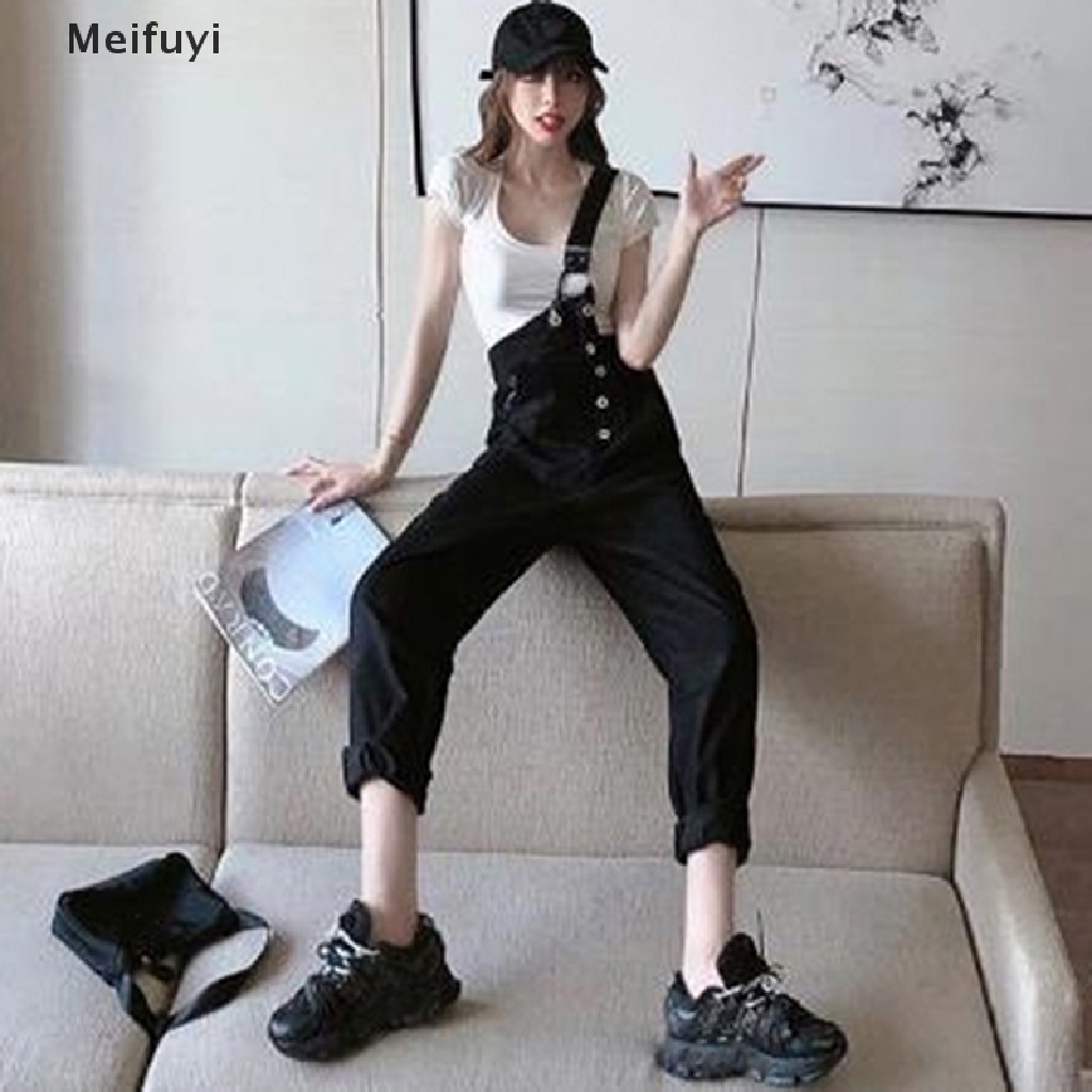 [Meifuyi] Áo Liền Quần Denim Ống Rộng Lệch Vai Màu Trắng Thiết Kế Không Đều Eo Cao Đường Phố