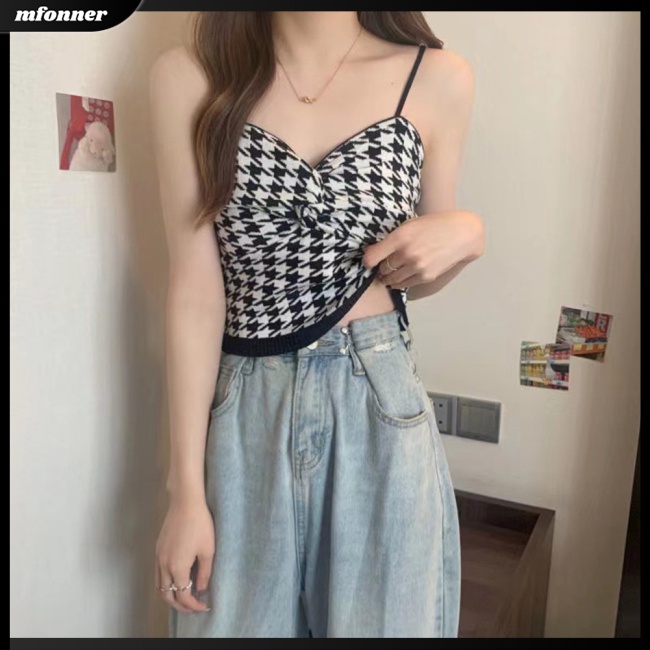 Áo Croptop Hai Dây Cổ Chữ V Dáng Ôm In Họa Tiết Houndstooth Thời Trang Cho Bạn Gái