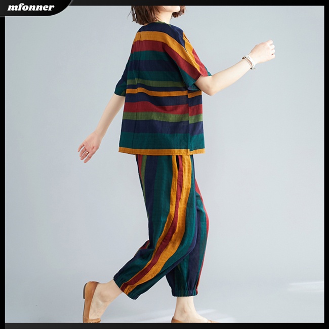 Bộ Trang Phục 2 Mảnh Gồm Áo Tay Ngắn Kẻ Sọc + Quần Harem Thân Thiện Với Da Cổ Tròn Thời Trang