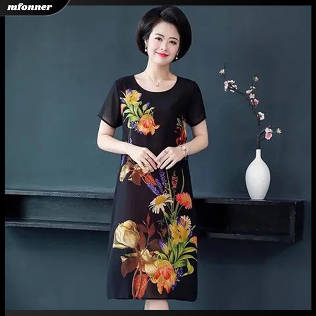 Đầm Tay Ngắn Cổ Tròn Dáng Rộng In Họa Tiết Thời Trang Sang Trọng Cho Phụ Nữ Trung Niên