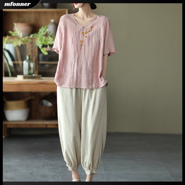 Áo Thun Cotton Lanh Chui Đầu Dáng Rộng Cổ Tròn Màu Trơn Thêu Họa Tiết Dân Tộc Kiểu Retro Cho Nữ