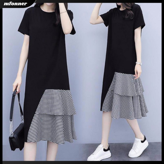 Đầm Thun Ngắn Tay Giả Hai Lớp Thiết Kế Không Đồng Đều Phong Cách Hàn Quốc Hàng Mới Dành Cho Bạn Nữ