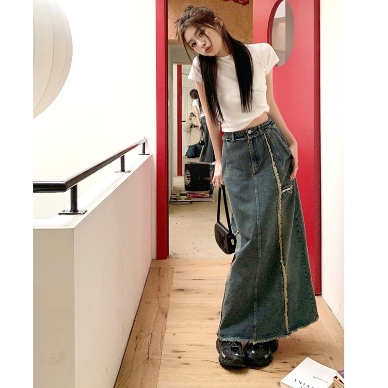 Chân Váy Denim Dài Lưng Cao Kiểu RENJIANVSHENG Retro Xinh Xắn Cho Nữ