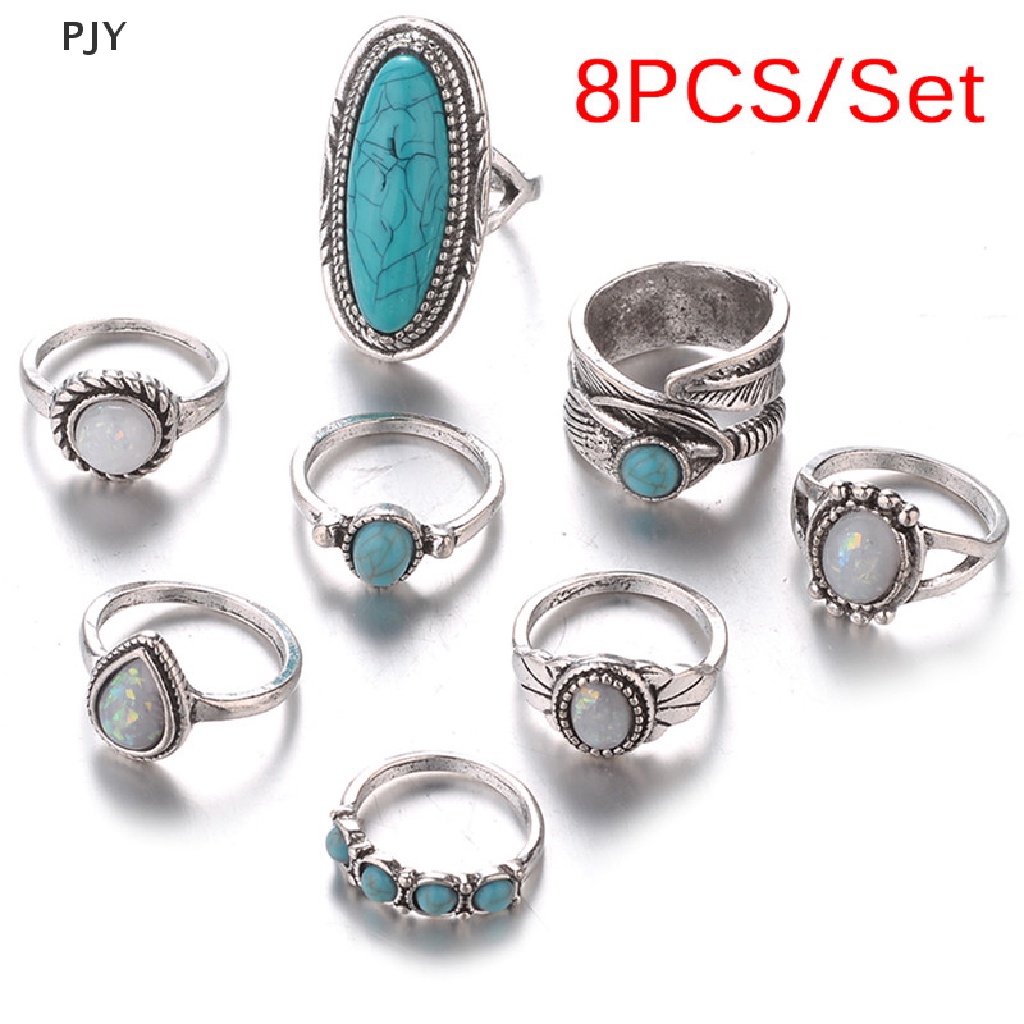 Bộ 8 Nhẫn Đính Đá Opal Màu Bạc Phong Cách Bohemian Cho Nữ