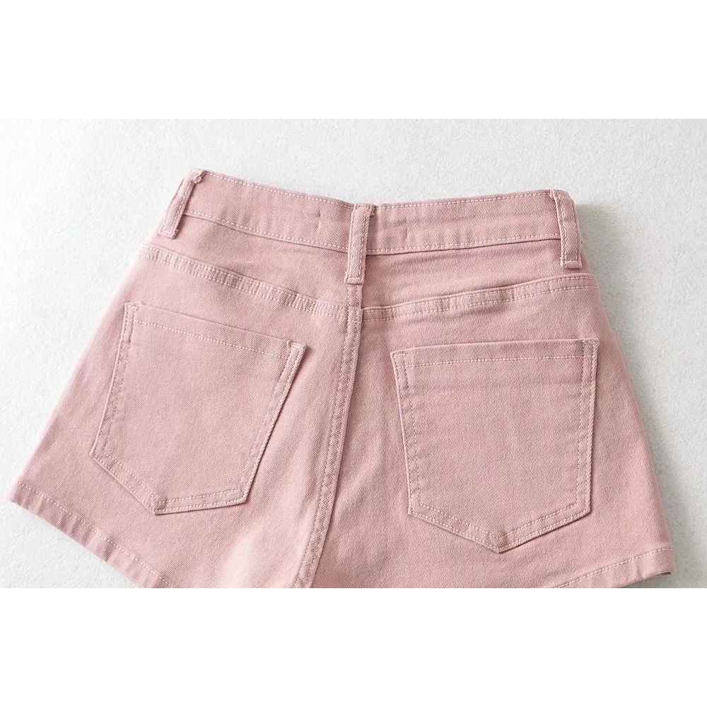 Quần Short Denim Lưng Cao Co Giãn Màu Sắc Trơn Phong Cách Âu Mỹ Dành Cho Nữ