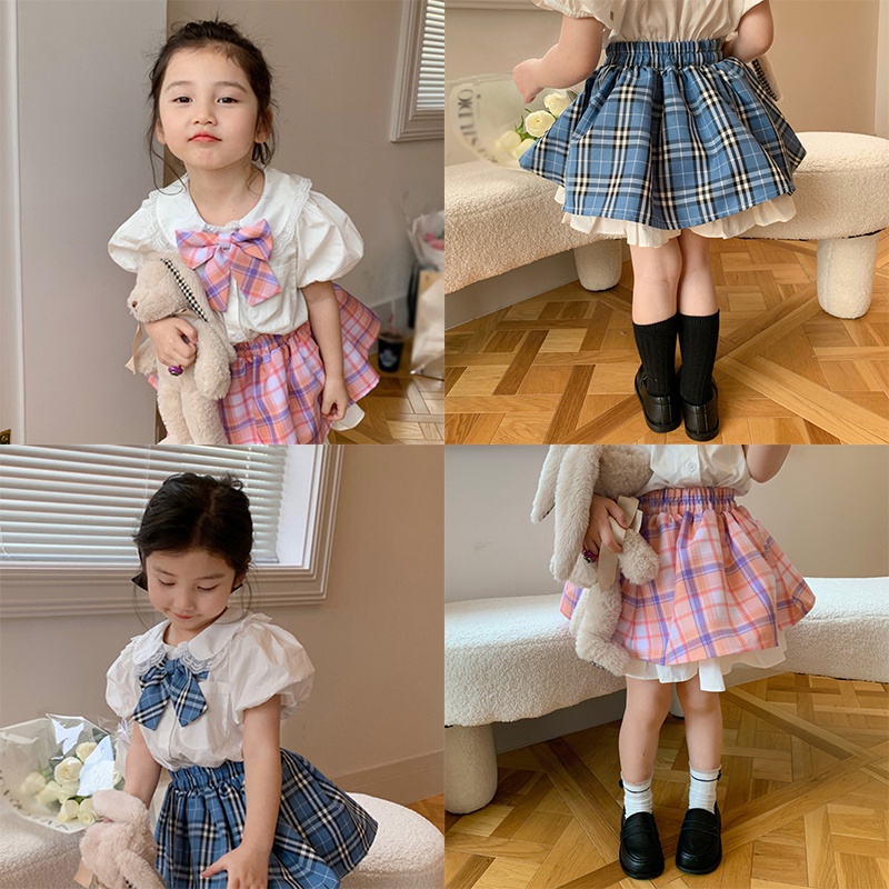 Bộ Khung Đồ Chơi Cho Bé❤Bộ Áo Sơ Mi Tay Phồng Màu Trơn + Chân Váy Cổ Búp Bê Họa Tiết Kẻ Sọc Thời Trang Mùa Hè Hàn Quốc Cho Nữ