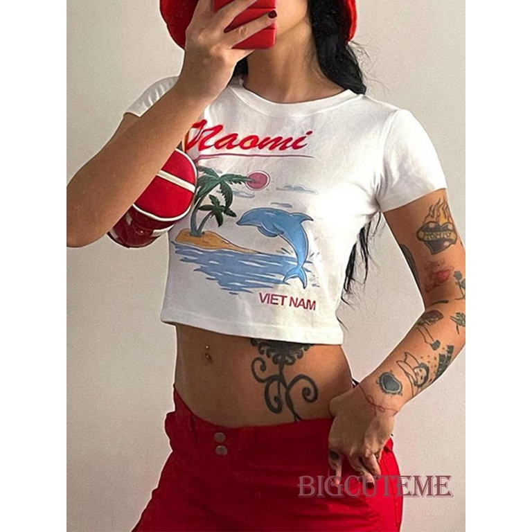 Áo Thun Crop Top Tay Ngắn Cổ Tròn In Chữ Thời Trang Mùa Hè Dành Cho Nữ
