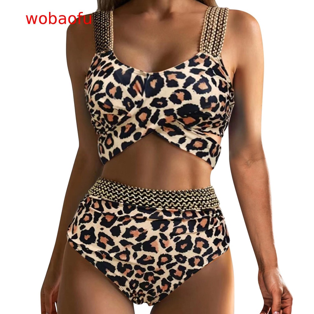 Bộ Đồ Bơi Bikini Lưng Cao Co Giãn Họa Tiết Da Báo Đính Kim Sa Và Vàng Cho Nữ