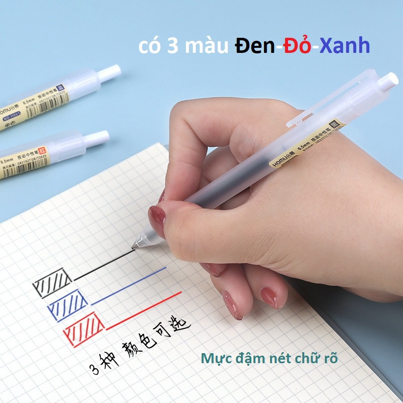 Bút bi BẤM mực gel 3 màu đen đỏ xanh ngòi 0.5mm Lalunavn cho sổ tay viết trơn ra mực đều văn phòng phẩm B132