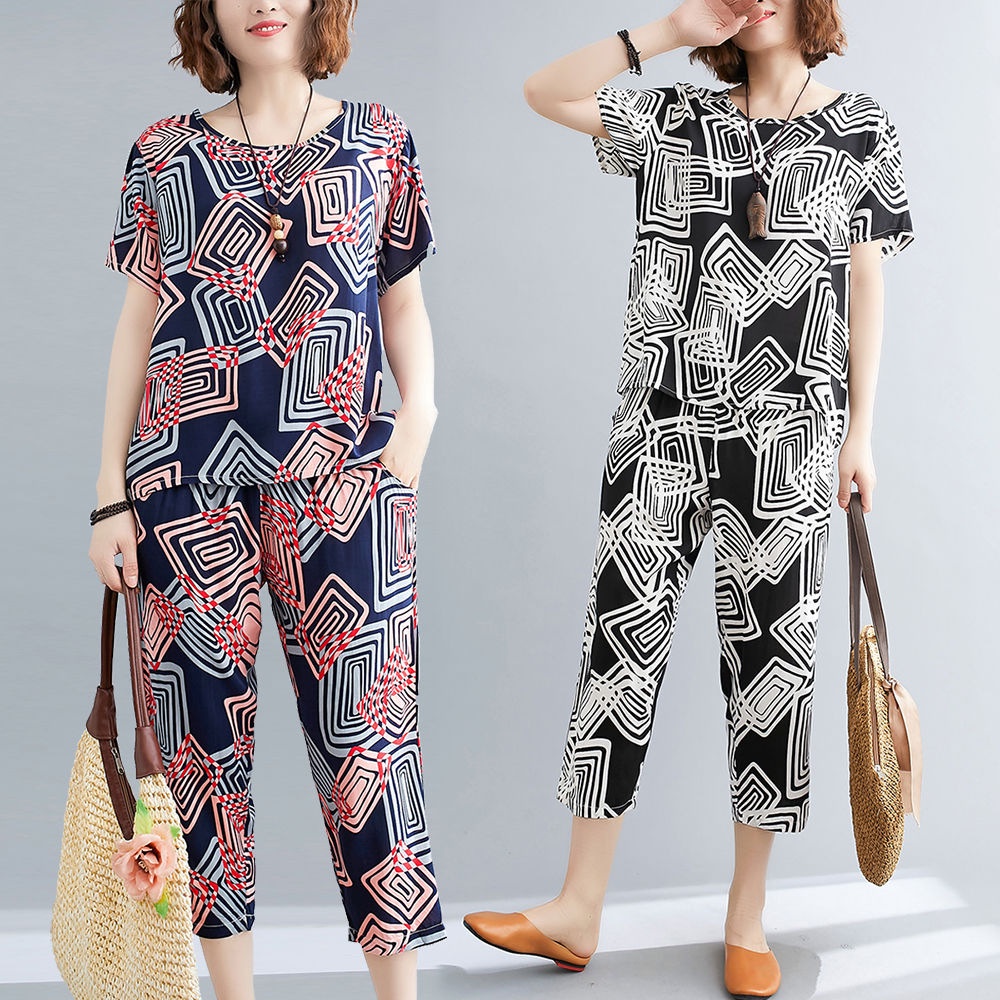 Set Áo Thun Ngắn Tay + Quần ống rộng Họa Tiết Thổ Cẩm Thời Trang Cho Nữ