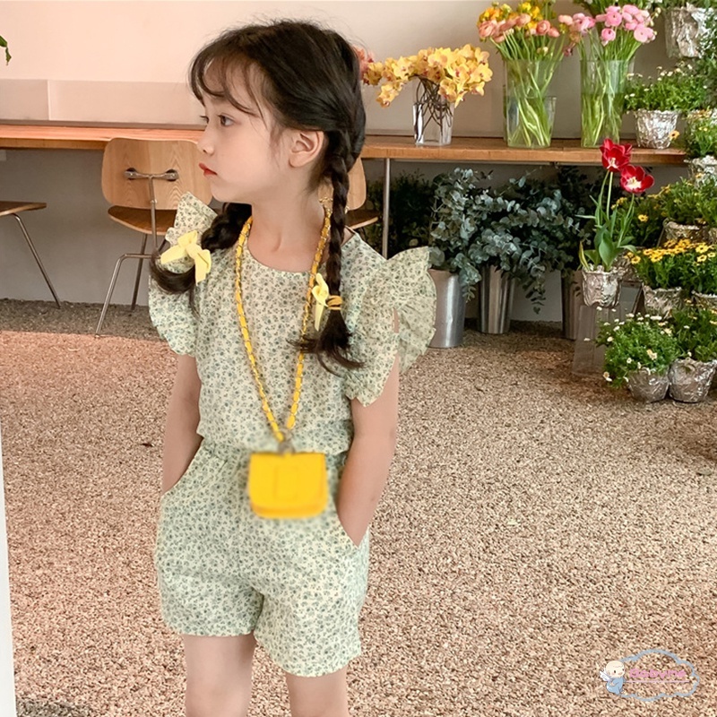 Set Đồ 2 Món Gồm Áo Tay Xòe Cánh Hoa + Quần Ngắn Lưng Thun Phong Cách Hàn Quốc Cho Bé Gái