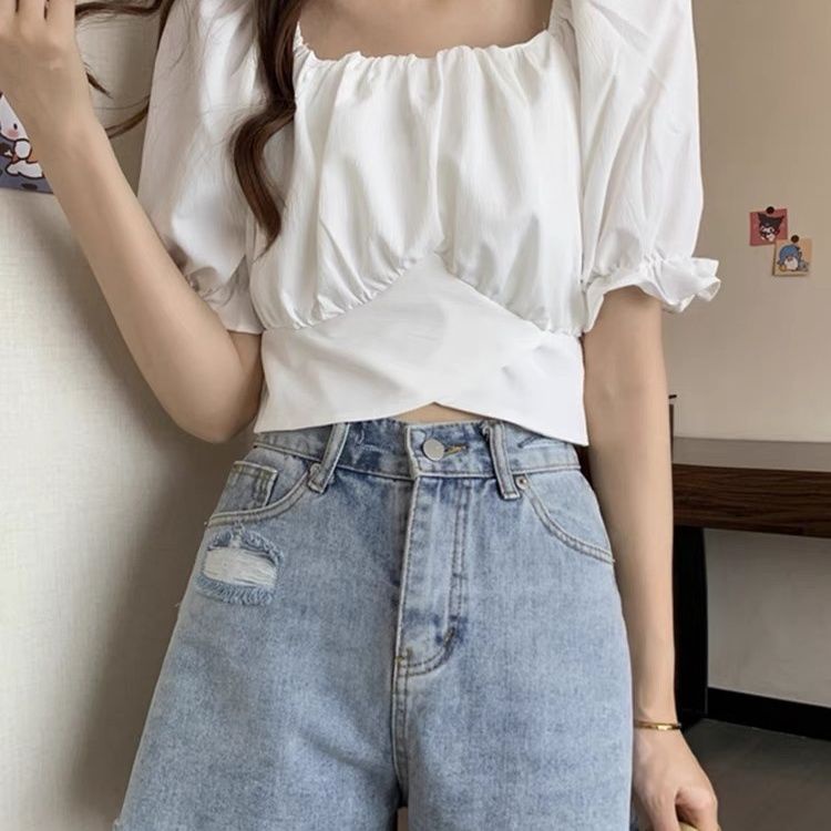 Áo Sơ Mi Ngắn Cổ Vuông Thắt Nơ Lưng Phong Cách Pháp Thời Trang Mùa Hè Cho Nữ