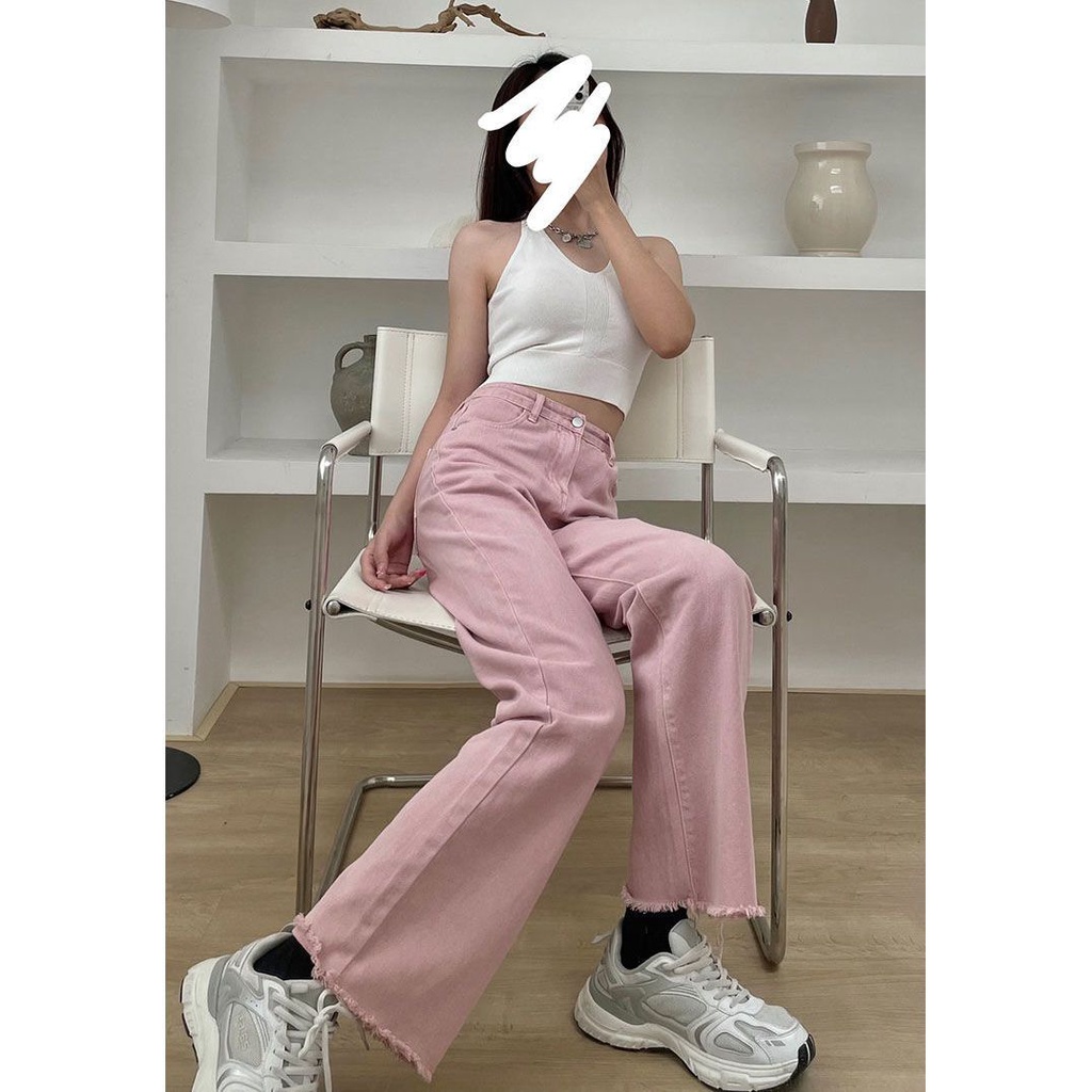 [Ưu Đãi Đặc Biệt Mua Và Tai] Quần Jean Nữ Thẳng Lưng Cao Ống Rộng Màu Hồng Nhìn Raw Mặc Sàn