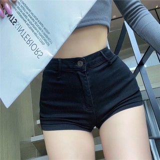 Quần Short Denim Lưng Cao Co Dãn Màu Đen