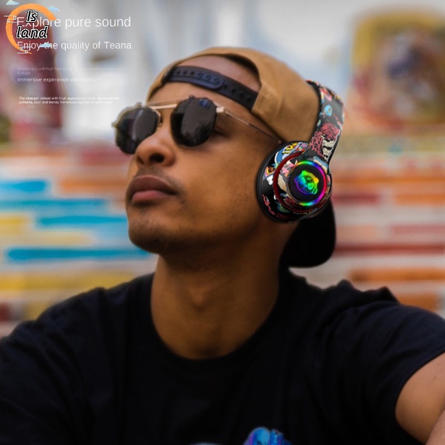 [IS] Tai Nghe Chụp Tai Thể Thao Không Dây Bluetooth Có Thể Gập Lại Giảm Tiếng Ồn Họa Tiết Graffiti
