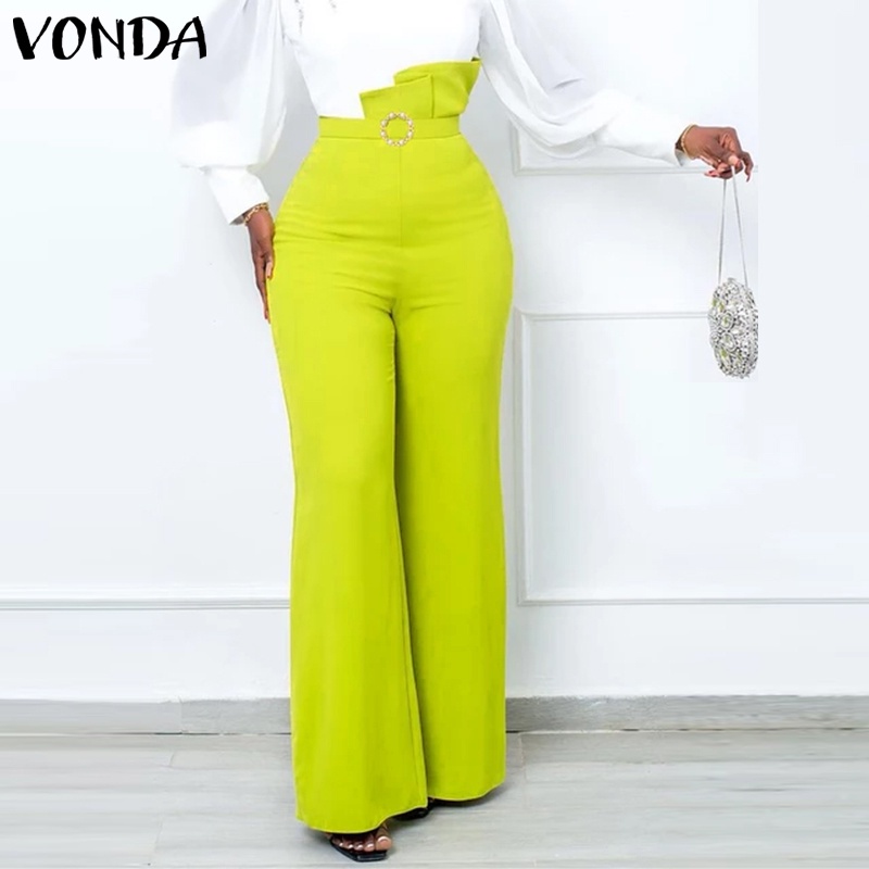 Quần Dài Ống Loe Viền Nhún Bèo Màu Trơn Kiểu Vintage Thời Trang Cho Bạn Gái
