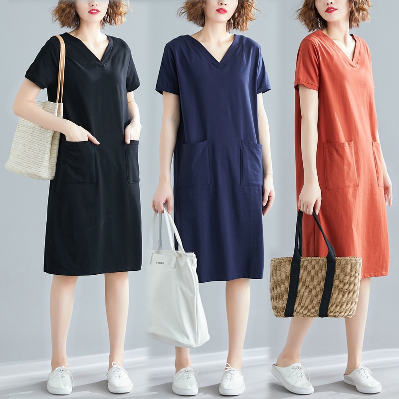 Đầm Thun Dáng Rộng Cổ Chữ V Màu Sắc Trơn Thời Trang Mùa Hè Phong Cách Hàn Quốc Cho Nữ