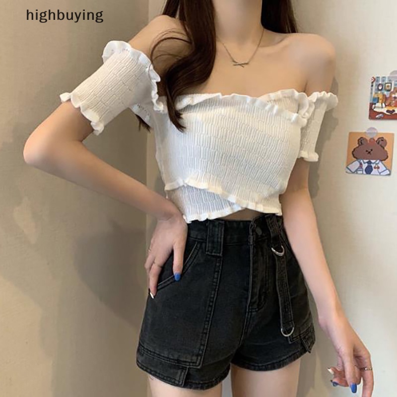 Áo Croptop Dệt Kim Trễ Vai Tay Ngắn Thời Trang Mùa Hè Cho Nữ