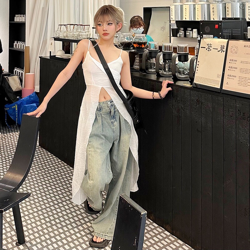 Weird Puss Áo Hai Dây Cổ Chữ V Dáng Ôm Thiết Kế Đơn Giản Thời Trang Mùa Hè Quyến Rũ Cho Nữ