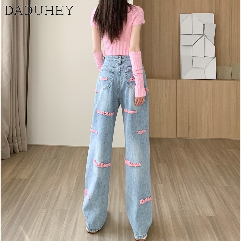 Quần jeans ống đứng rộng cạp cao họa tiết thêu chữ thời trang hè cho nữ