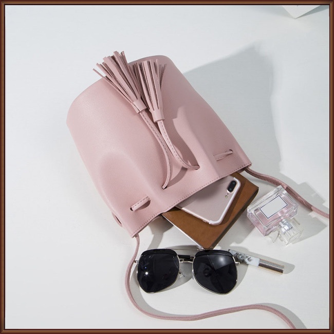 Túi Đeo Vai Rút Dây Màu Trơn Phối Tua Rua Thời Trang Cho Nữ