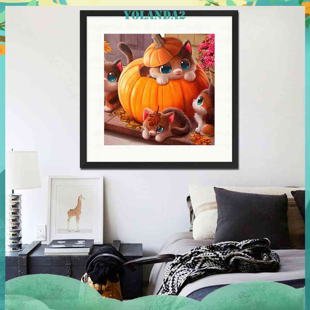 Bộ Tranh Đính Đá 5D Toàn Diện Họa Tiết Mèo Và Bí Ngô Độc Đáo DIY Dùng Trang Trí Nhà Cửa