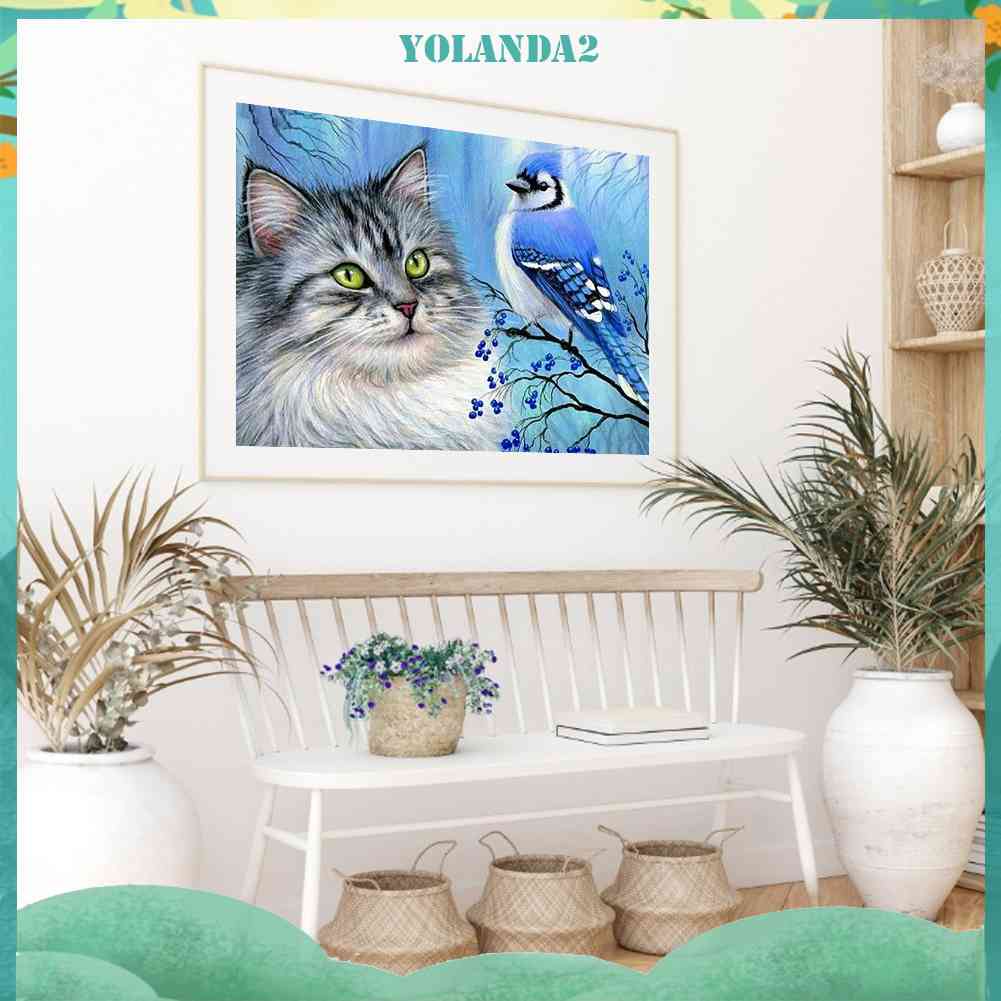 Bộ Tranh Đính Đá Toàn Diện Họa Tiết Mèo Và Chim Độc Đáo Trang Trí Nhà Cửa