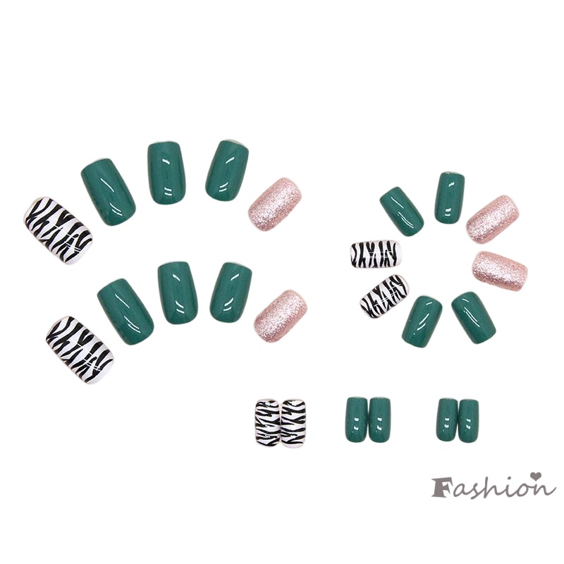 Móng Tay Giả Ngắn Màu Xanh Lá Có Kim Tuyến Che Phủ Toàn Diện Ngọt Ngào Và Quyến Rũ Có Thể Tái