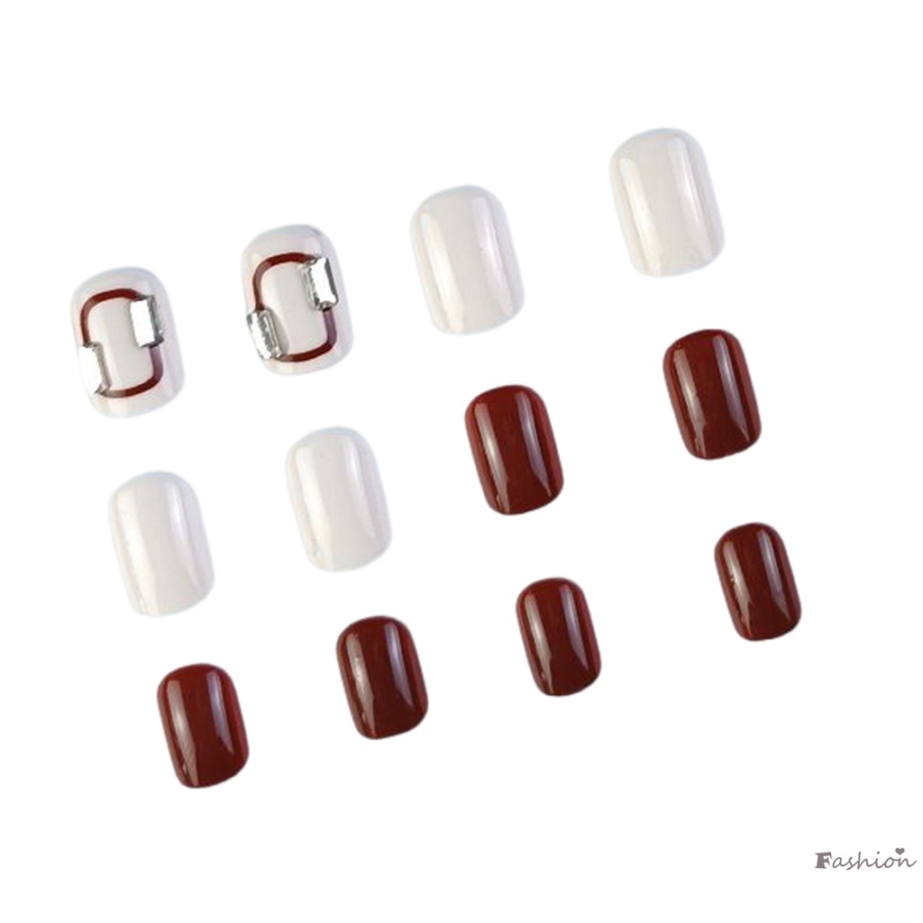 Burgundy Móng Tay Giả Ngắn Đính Đá Lấp Lánh Dễ Sử Dụng