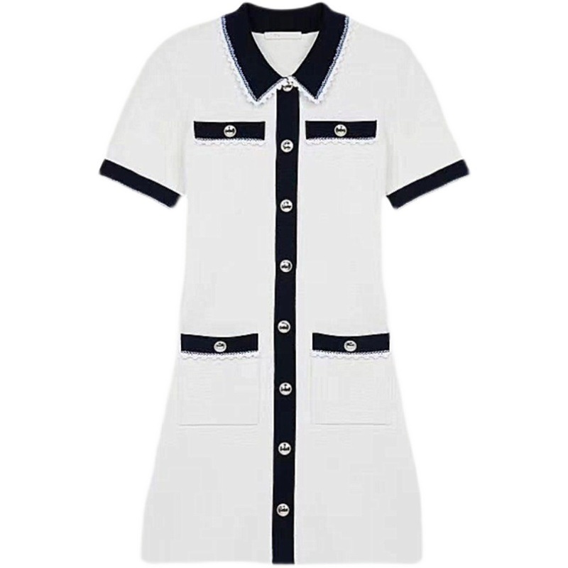 Maje spring and summer polo collar contrast color lace short sleeve slim knit dress women 0144