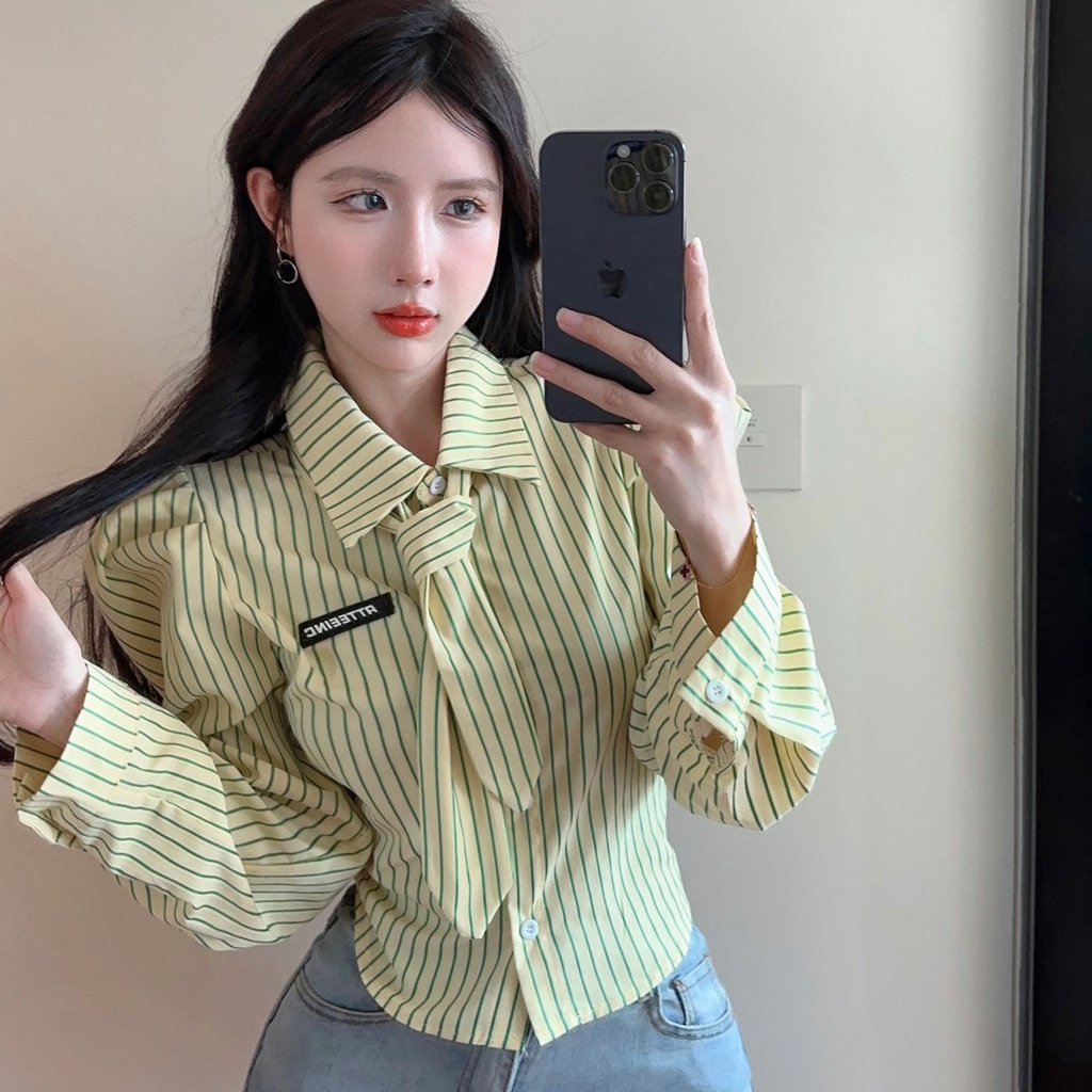 Áo Sơ Mi Tay Dài Dáng Ôm Họa Tiết Kẻ Sọc Phong Cách Hàn Quốc Thời Trang Cho Nữ
