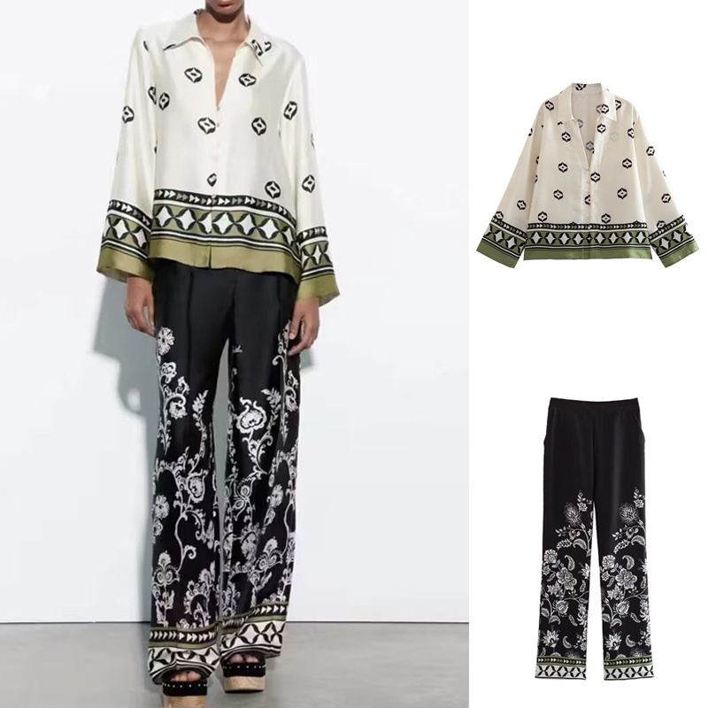 Bộ Áo Sơ Mi Dài Tay Cổ Chữ V Đóng Cúc + Quần Lụa Satin Lưng Thun Hiệu Zara Thời Trang Xuân Hè 23