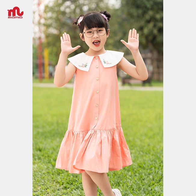 Váy sát nách bé gái Riomio đầm thô cotton cao cấp cổ bẻ thêu hoa 3,4,5,6,7,8,9 tuổi dã ngoại đi học RV575