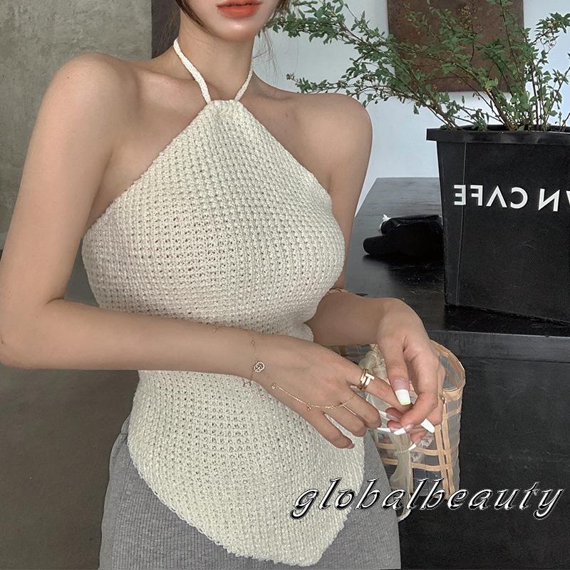 Áo Hai Dây Dệt Kim Hở Lưng Màu Sắc Trơn Thời Trang Mùa Hè Cho Nữ