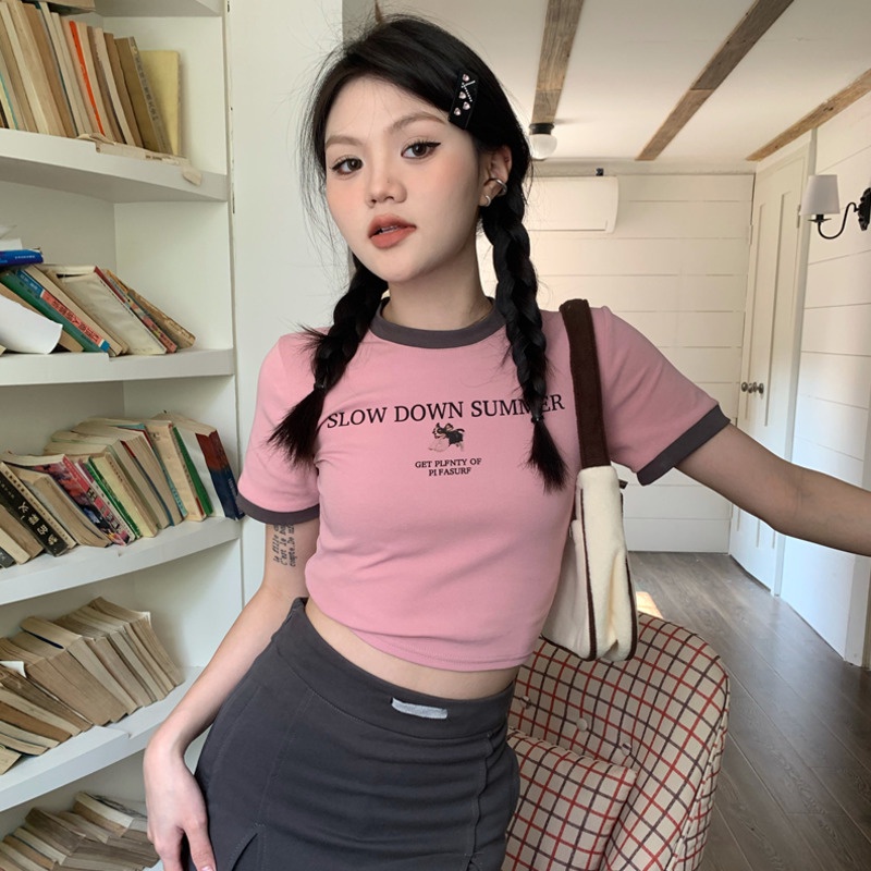 Áo Thun Tay Ngắn Cổ Tròn In Họa Tiết Màu Sắc Tương Phản Thời Trang Cho Nữ