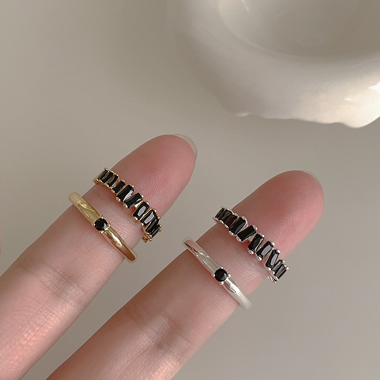 Nhẫn Hở Đính Đá Zircon Đen Phong Cách Retro Hàn Quốc Cho Nữ