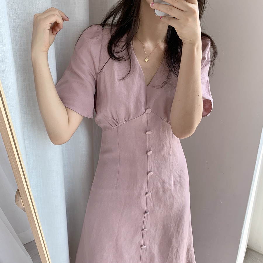 Đầm Tay Ngắn Ống Loe Cổ Chữ V Lưng Cao Thời Trang Thanh Lịch Cho Nữ
