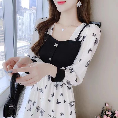 Váy Nữ (Lót), Phong Cách Hàn Quốc, Áo Dài Tay, Váy Hoa, Cổ Vuông, Hai Mảnh Dài Vừa Thời Trang