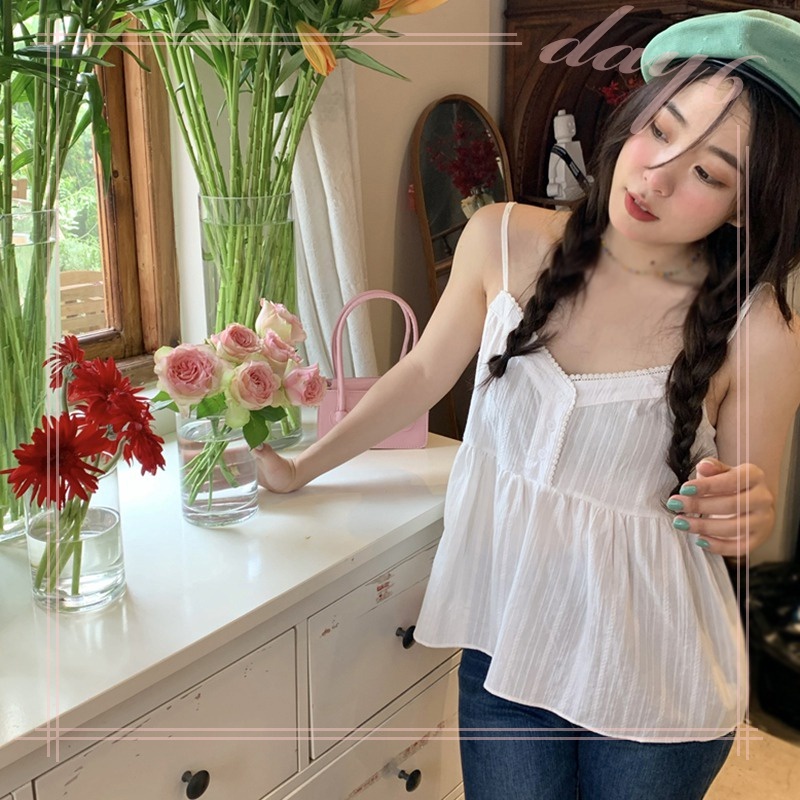 Áo Hai Dây Cổ Chữ V Phối Ren Phong Cách Hàn Quốc Thời Trang Mùa Hè Cho Nữ