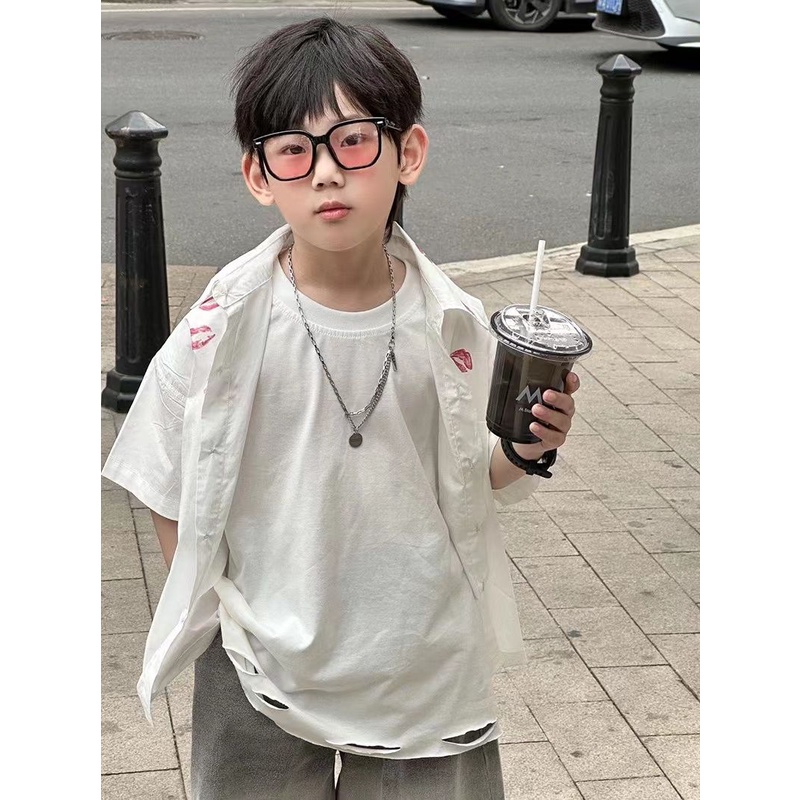 Áo Sơ Mi Ngắn Tay Dáng Rộng In Hình Đôi Môi Thời Trang Mùa Hè Hàn Quốc Dành Cho Bé Trai